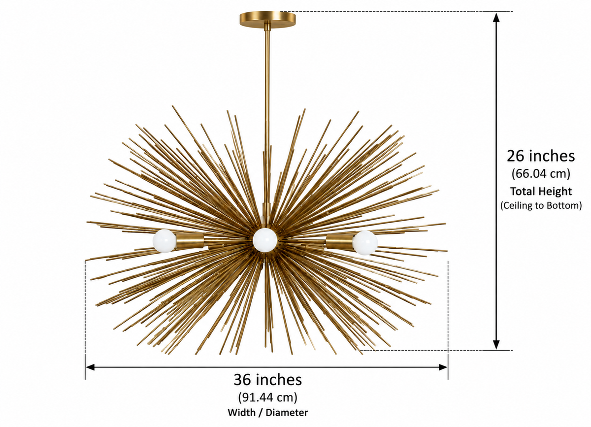 Size guide for Belgravia Sunburst Sputnik Chandelier – 6 Light – 36 Inch – Model 62122