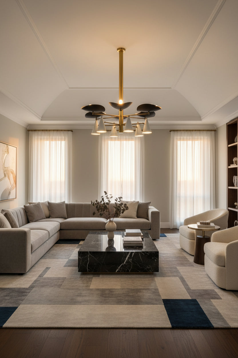 Size guide for Barcelona 12-Light Solid Brass Chandelier – Curved Black Shades With White Cone Lights 33392