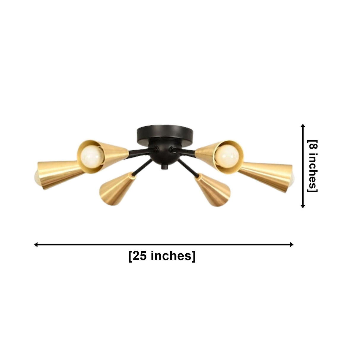 Size guide for Orion Brass Cone Sputnik Flush Mount Chandelier – 6 Light – 25 Inch – Model 62046