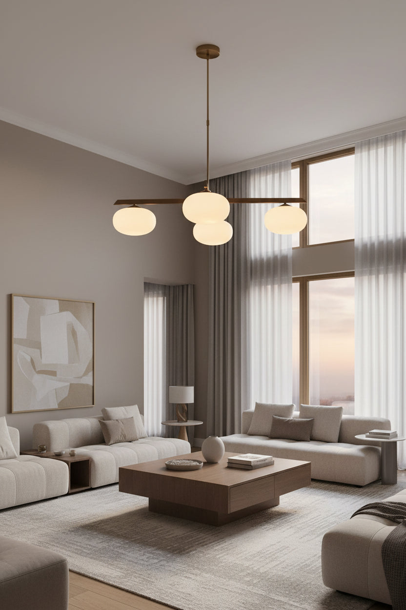 Size guide for 5-Light Oval Glass Ball Chandelier – Brass Linear Ceiling Light For Dining Room – Model 33385