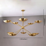 Handcrafted 10-light brass bowl chandelier with a 59-inch wide sculptural radial design in brushed brass.