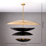 Dimension view of 10-light brass layered disc chandelier measuring 40 inches wide and 44 inches tall with sculptural tiered bowl design.