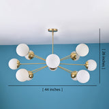12 light brass globe chandelier showing 44 inch width and 26 inch height with modern mid century design