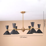 12-light mid-century brass and black chandelier showing 37-inch width and 22-inch height measurements with dual-cone perforated shades.