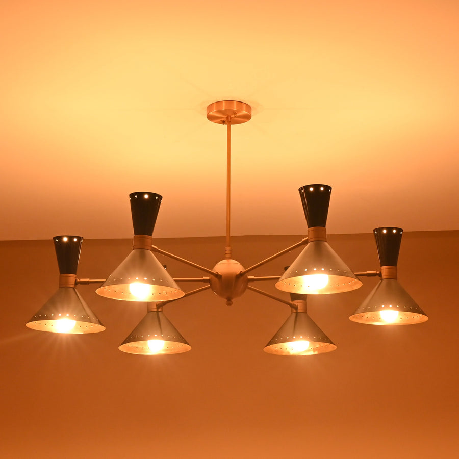 Front view of 12-light mid-century brass and black cone chandelier with brushed brass body and dual-cone shades by Brass Leaf Studio.