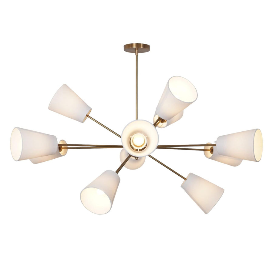 12 Linen Shade Brass Chandelier in brushed brass finish with linen cone shades – front angled view by Brass Leaf Studio