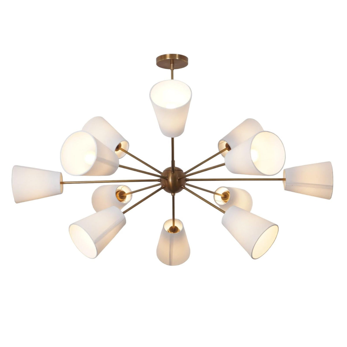 Close-up of 12-light brass chandelier with linen cone shades – handmade mid-century modern design by Brass Leaf Studio