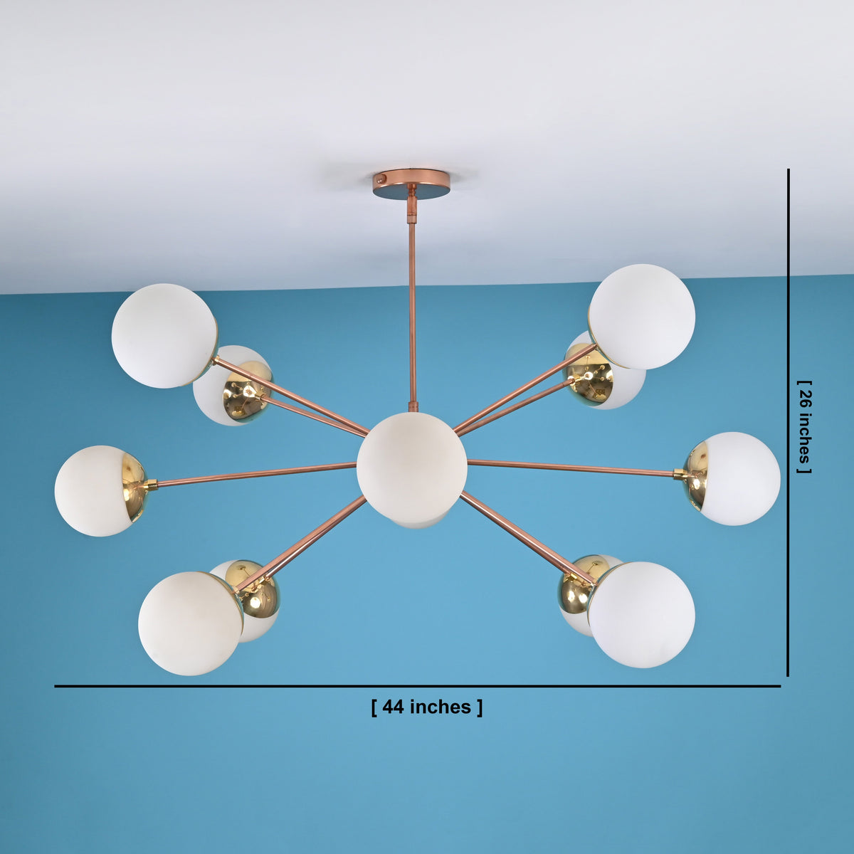 12 opal glass brass chandelier showing 44 inch width and 26 inch height, mid century modern ceiling light proportions