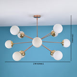 12 opal glass brass chandelier showing 44 inch width and 26 inch height, mid century modern ceiling light proportions