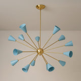 Fifteen light brass Sputnik chandelier featuring cone-shaped blue metal shades and a classic mid-century silhouette