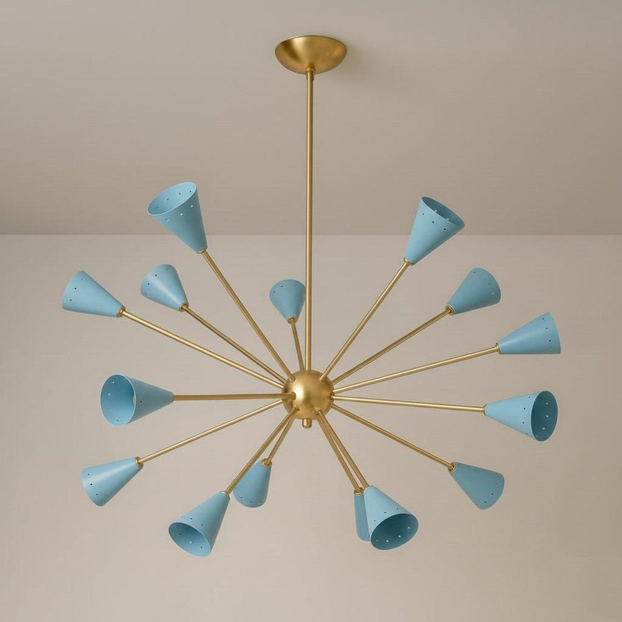 Mid-century modern brass Sputnik chandelier with blue cone shades and solid brass arms in a sculptural ceiling design