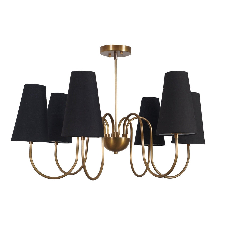 Modern brass chandelier with six black fabric shades, handmade design featuring curved brass arms and a warm, elegant lighting effect.