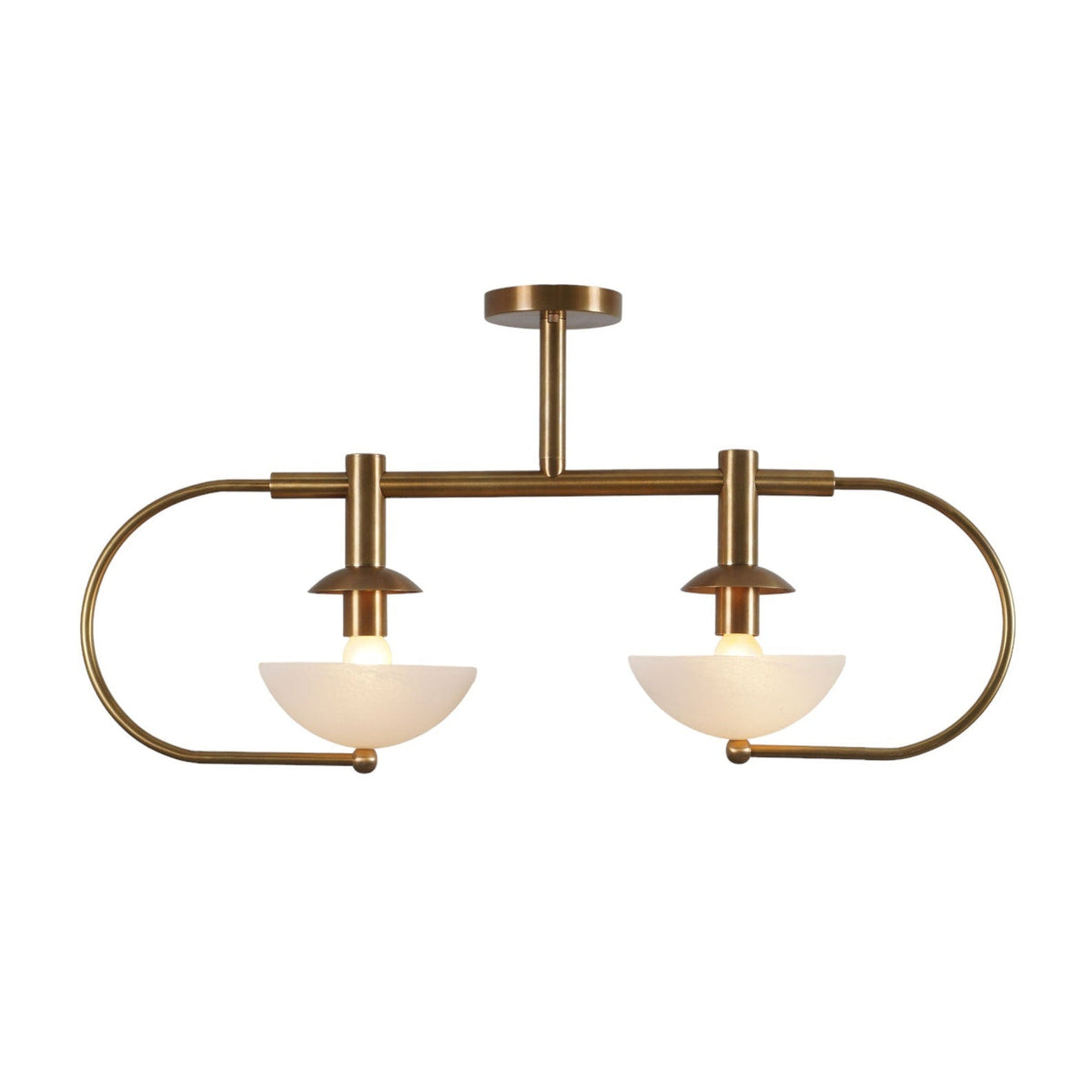 Handmade 2-Light Brass Chandelier with Frosted Bowls | Elegant Semi-Flush Ceiling Fixture