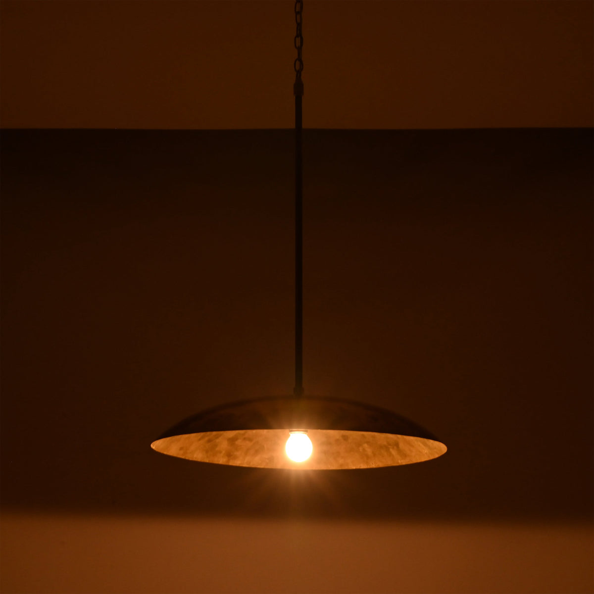 20 inch brass dome pendant light dimension view showing 44 inch overall height and wide shallow shade design