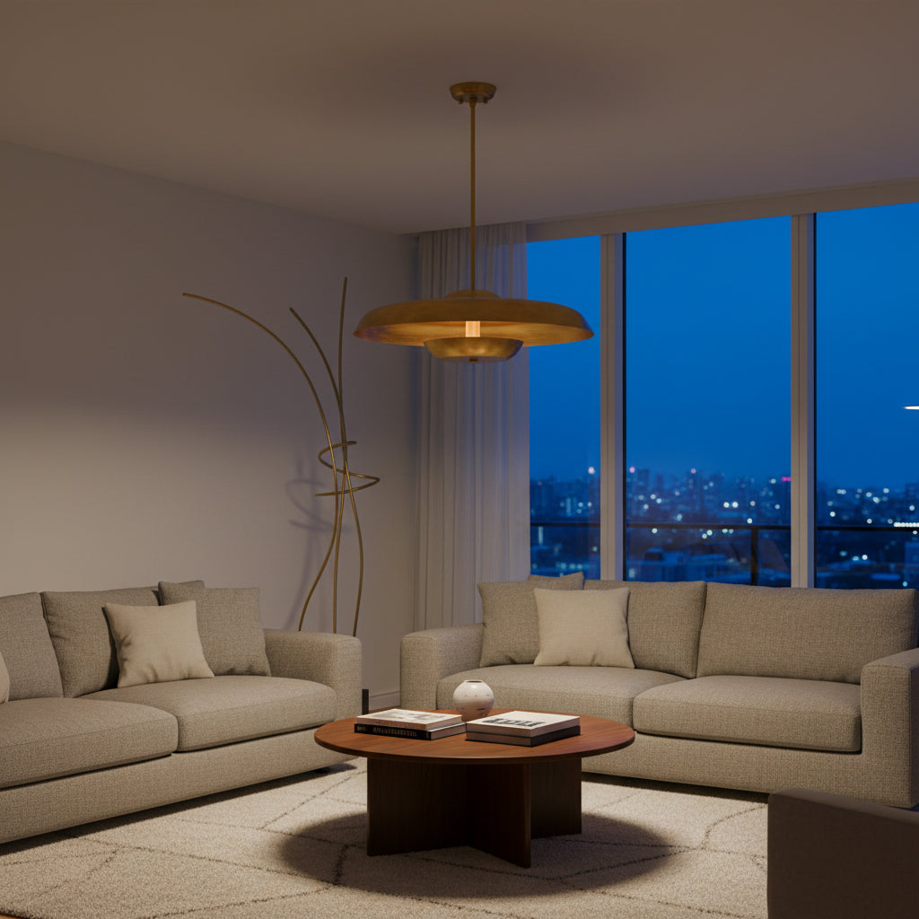 24 inch brass disc ceiling light with 26 inch total height and elegant mid-century inspired pendant form