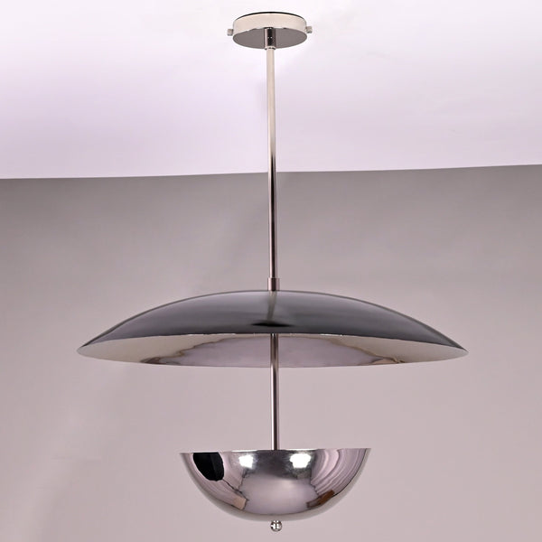 24-inch chrome brass disc chandelier with upper wide dome and lower polished bowl pendant