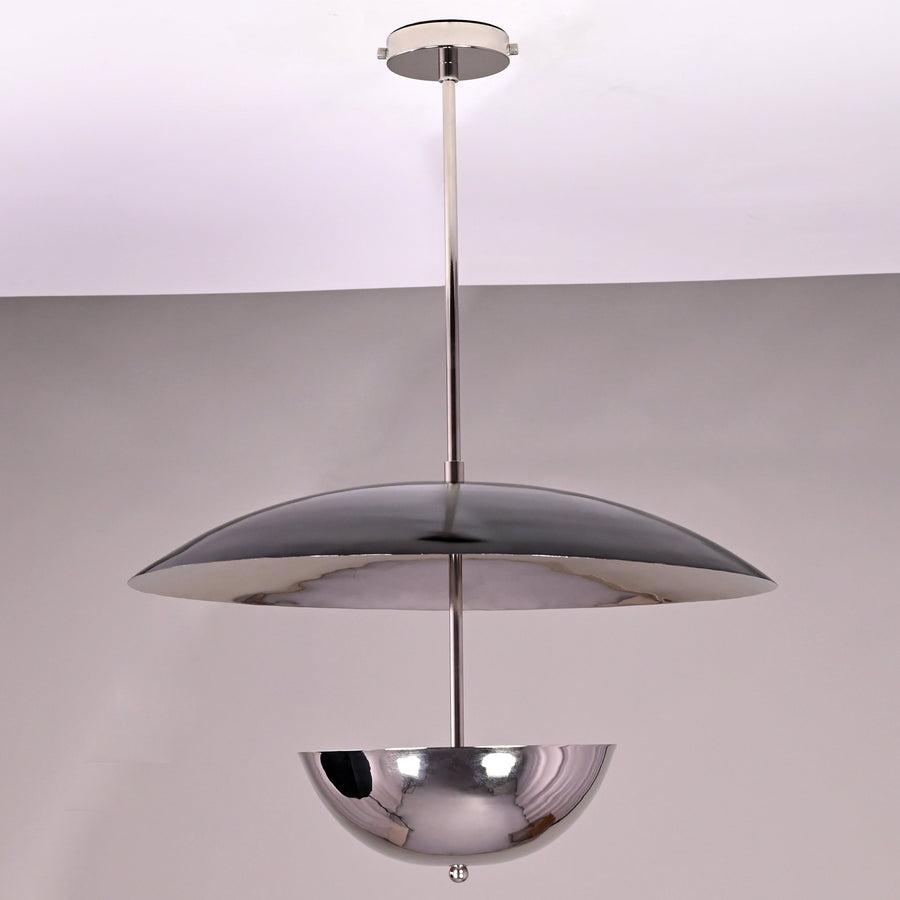 24-inch chrome brass disc chandelier with upper wide dome and lower polished bowl pendant
