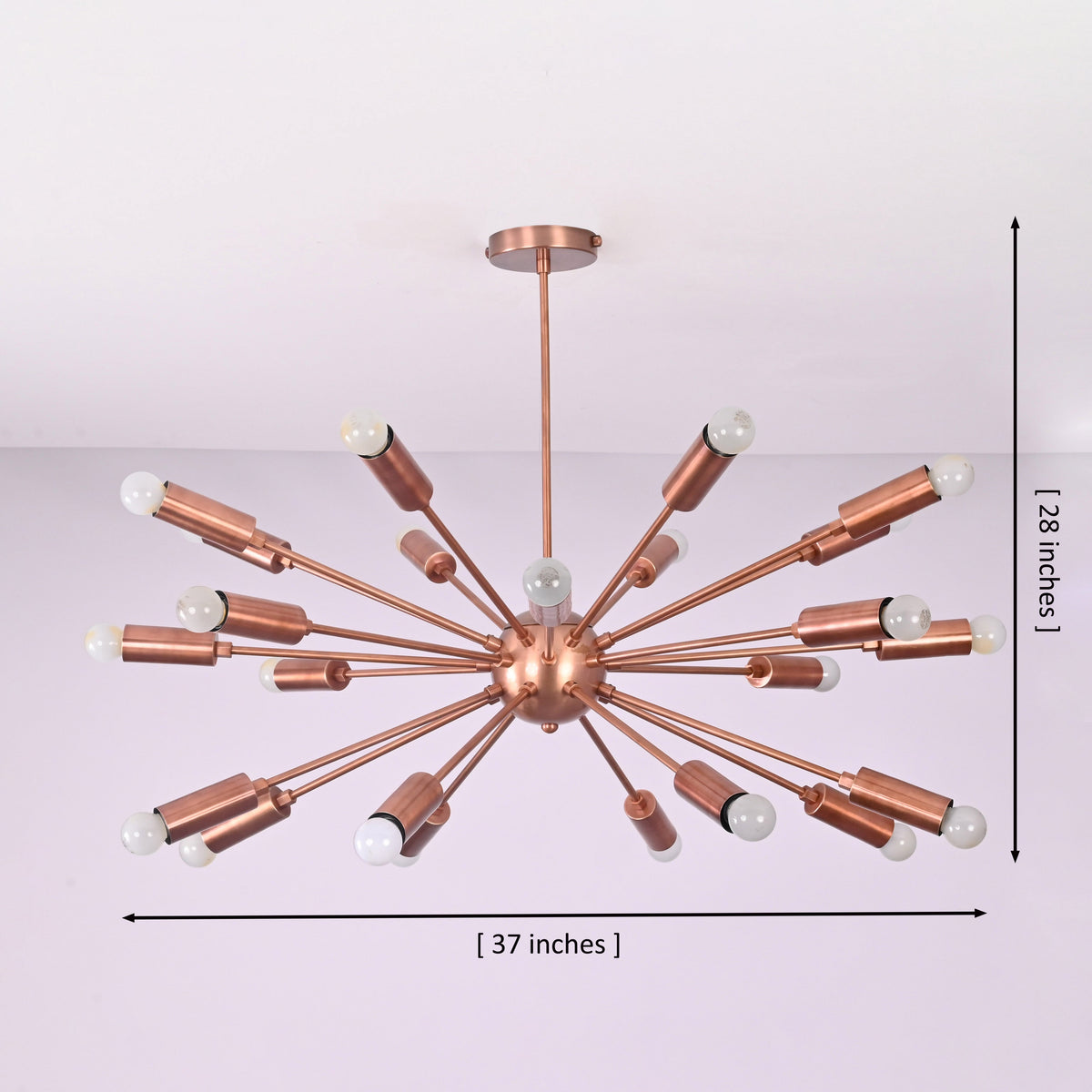 24 light brass sputnik chandelier showing 37 inch width and 28 inch height with mid century modern design.