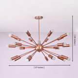 24 light brass sputnik chandelier showing 37 inch width and 28 inch height with mid century modern design.