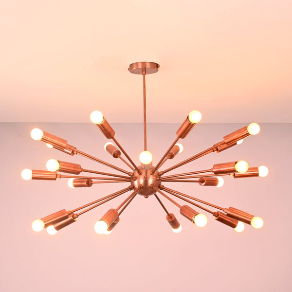 Front view of 24 light brass sputnik chandelier with symmetrical arms and warm ambient lighting.
