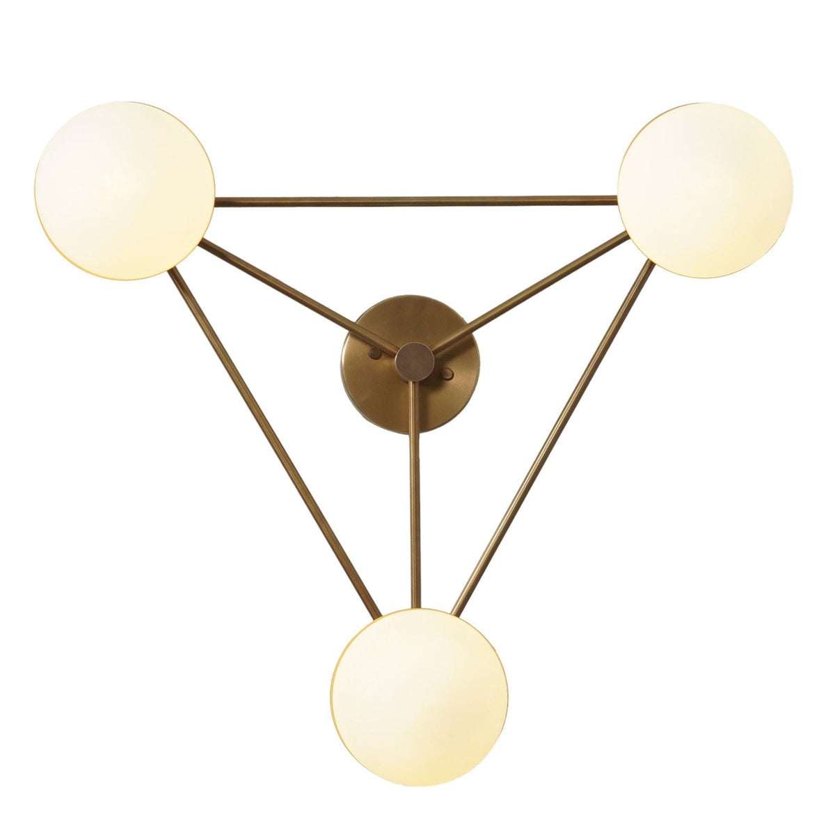 Overhead view of geometric brass chandelier featuring three glowing opal glass globes arranged in a triangular structure with a brushed brass finish.