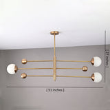 Modern 3-globe brass chandelier with opal globes, 51-inch wide handcrafted brass light by Brass Leaf Studio.