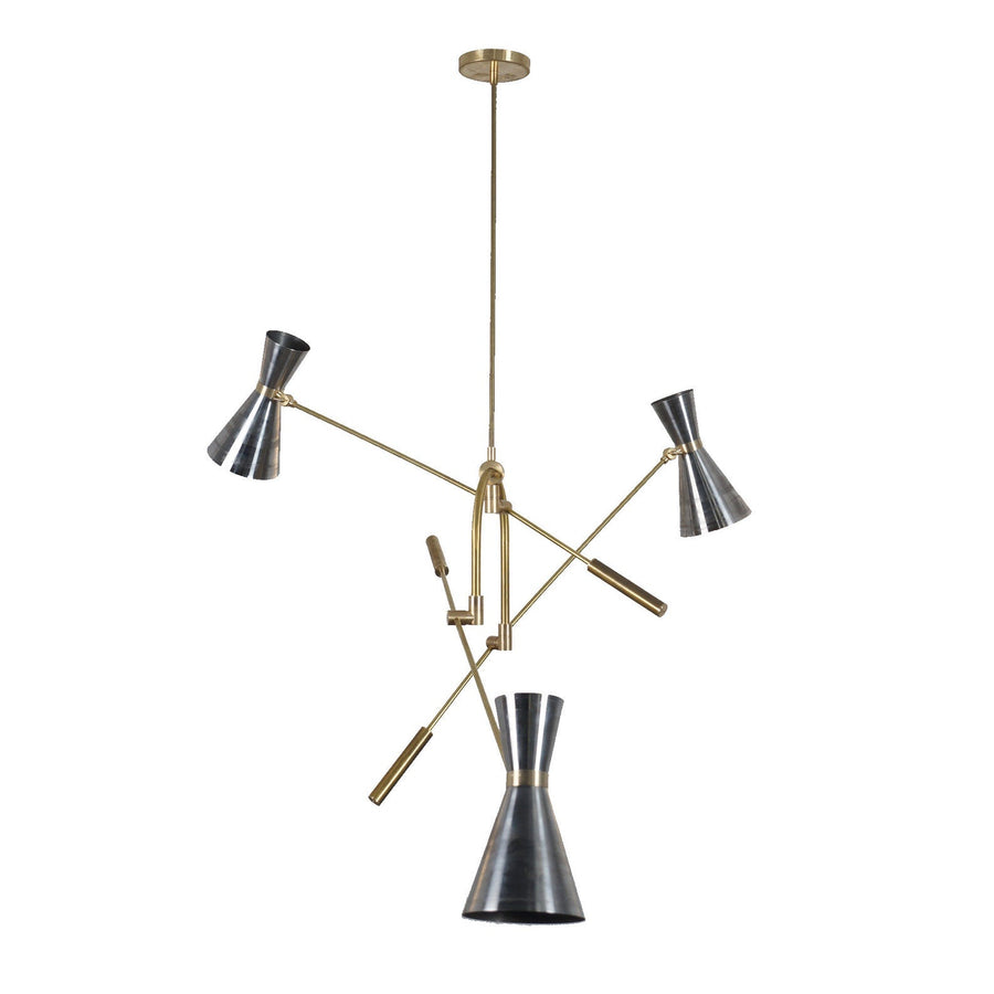 3 Light Double Cone Brass Chandelier with adjustable arms – handcrafted mid-century modern ceiling light featuring solid brass and blackened steel shades