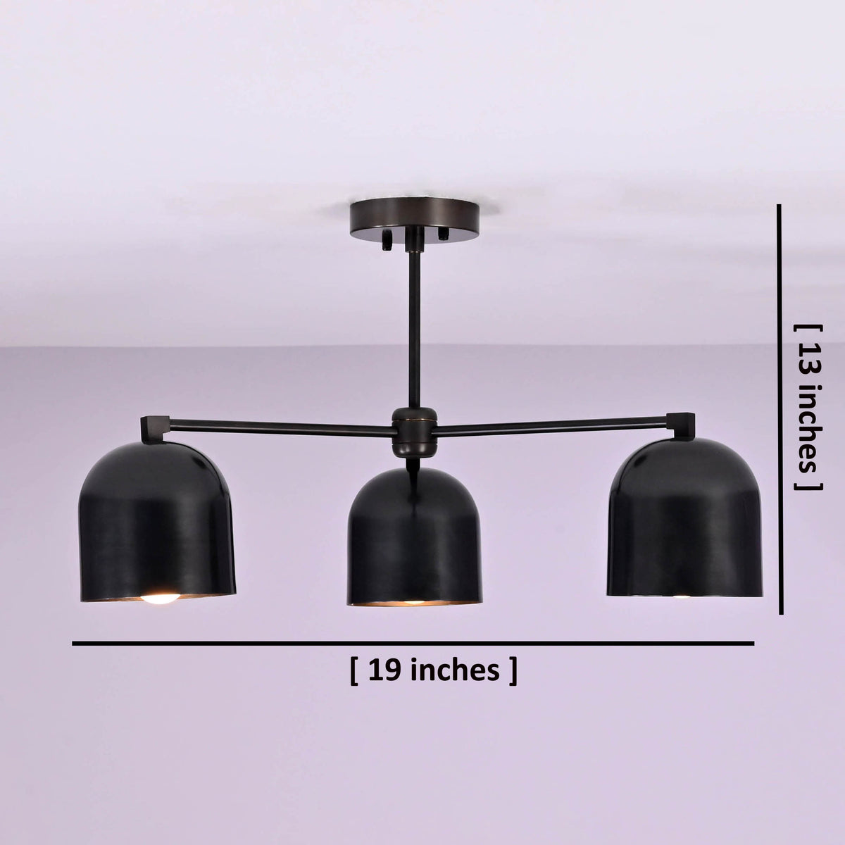 Modern 3 light brass chandelier showing dimensions of 19 inches wide and 13 inches high.
