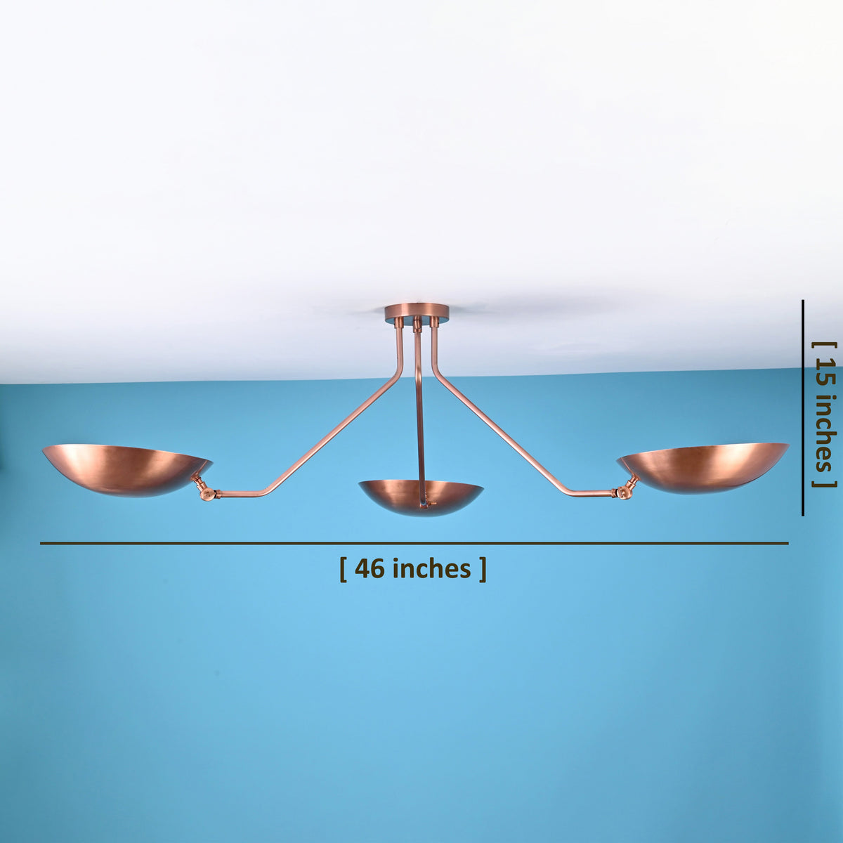 3 light bowl shade brass flush mount ceiling light showing 46 inch width and 15 inch height with minimalist industrial design