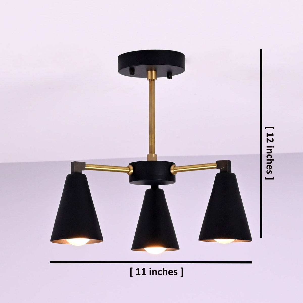 Dimensions of three light cone brass chandelier showing 11 inch width and 12 inch height