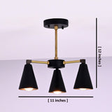 Dimensions of three light cone brass chandelier showing 11 inch width and 12 inch height