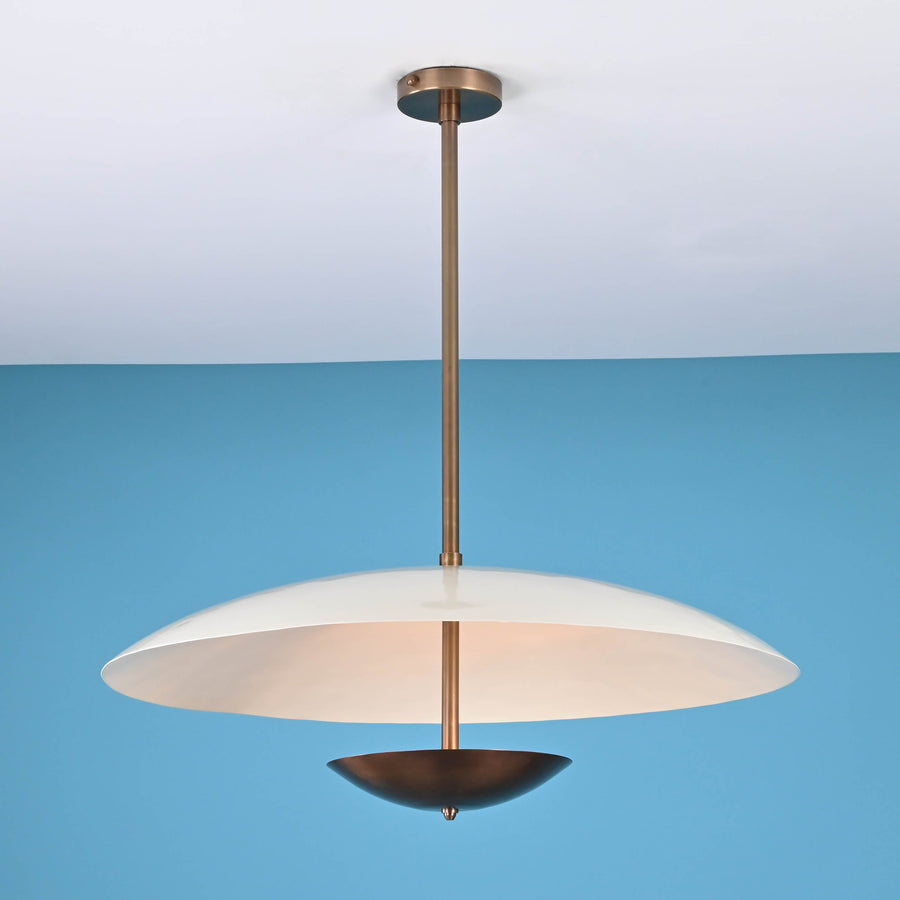 Minimalist 3 light disc style brass chandelier with opal glass shade and solid brass construction
