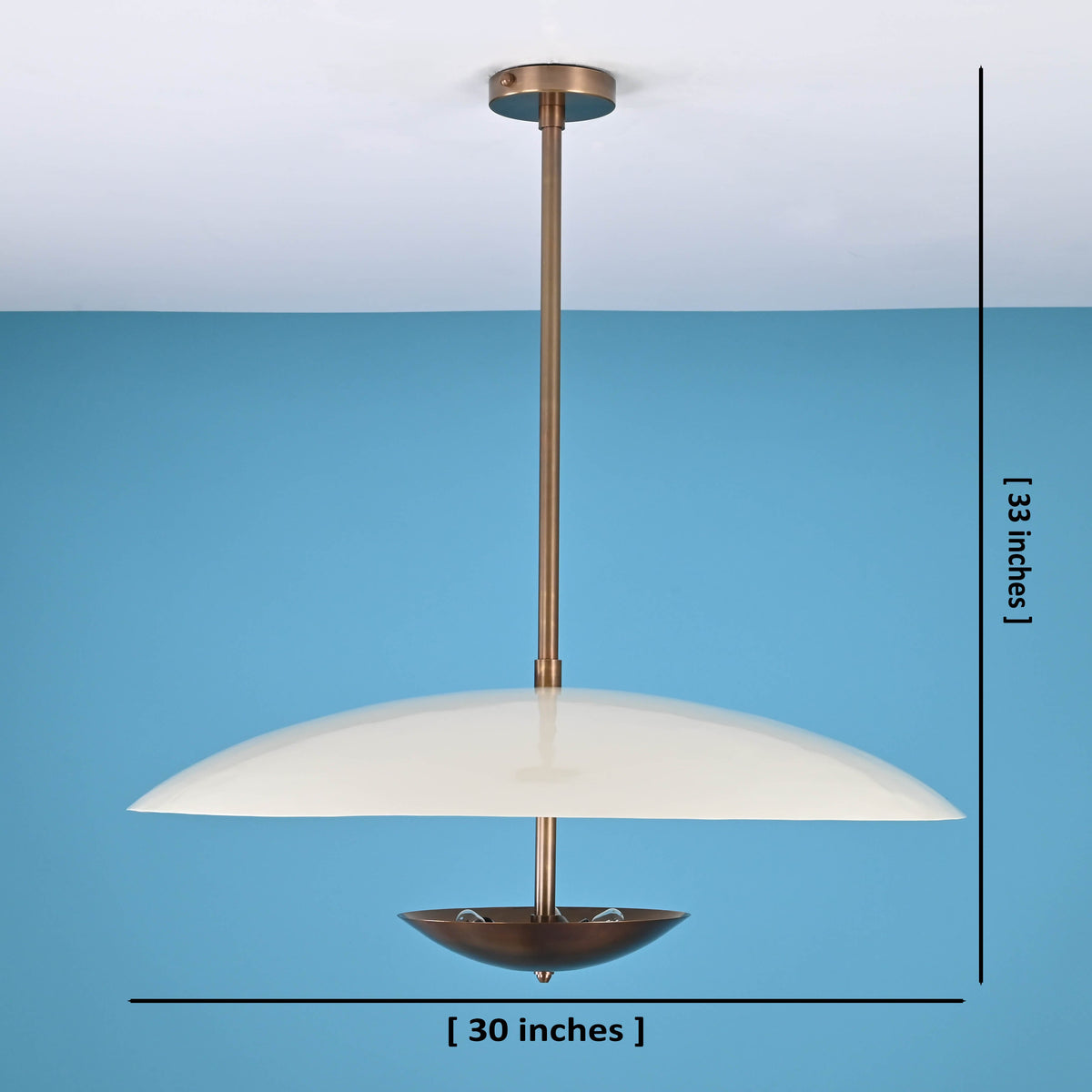 3 light disc style brass chandelier showing 30 inch width and 33 inch height with minimalist silhouette