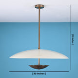 3 light disc style brass chandelier showing 30 inch width and 33 inch height with minimalist silhouette