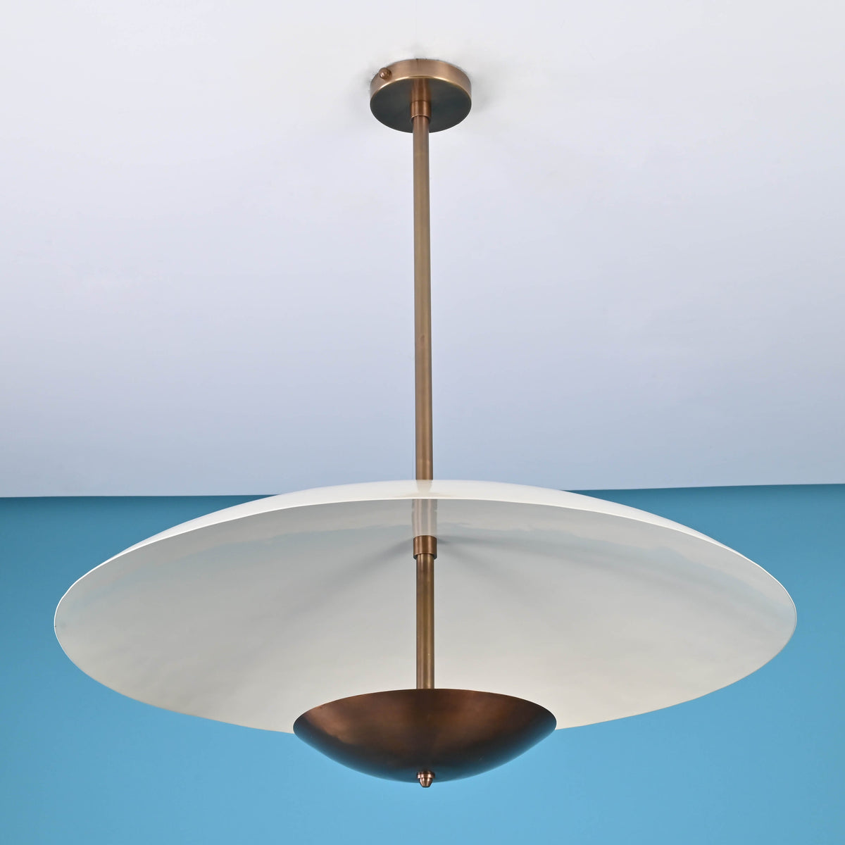 3 light disc style brass chandelier with bowl shade design and brushed brass finish by Brass Leaf Studio