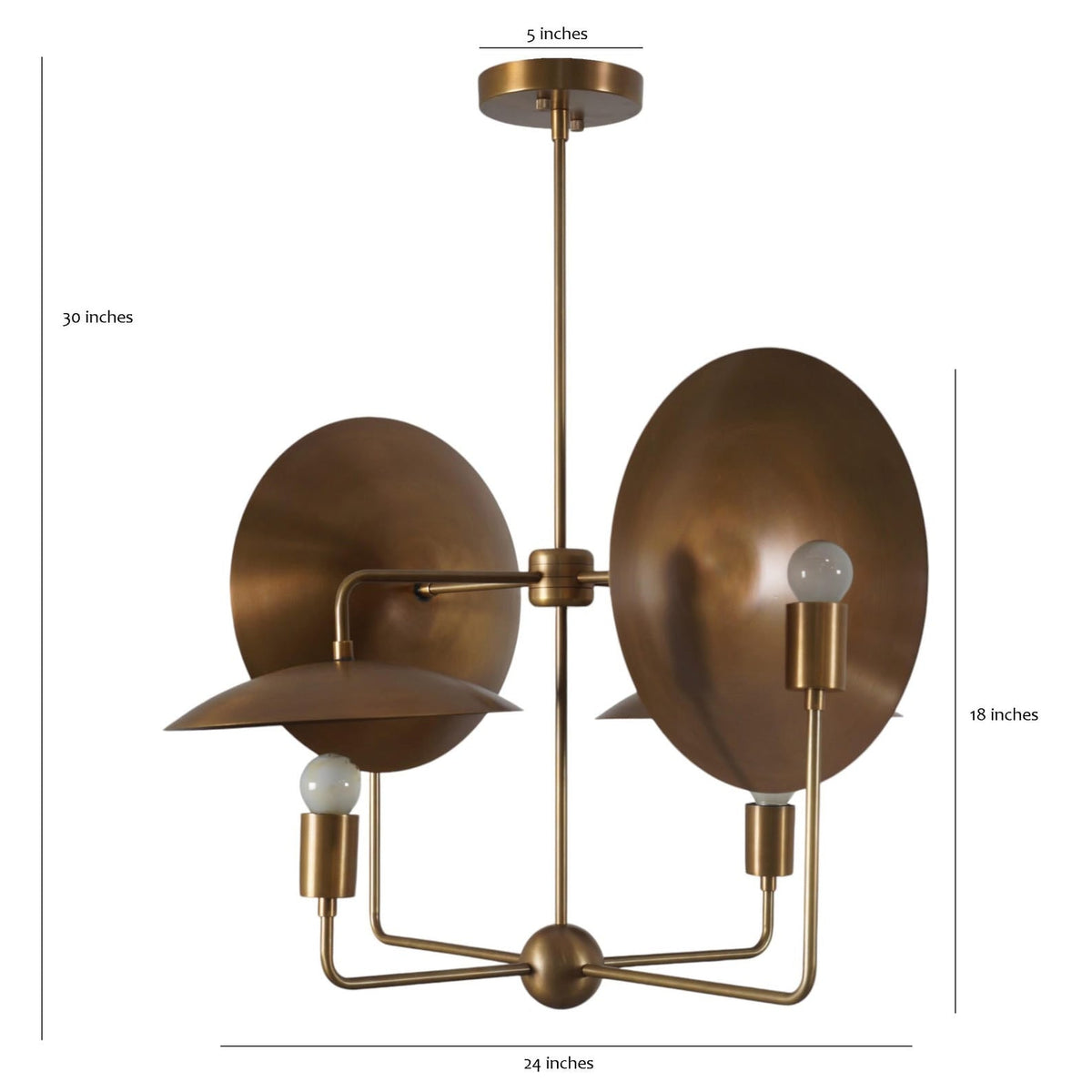 3 Light Dual Disc Brass Chandelier with detailed size dimensions – 24-inch width, 30-inch height – modern sculptural ceiling light design