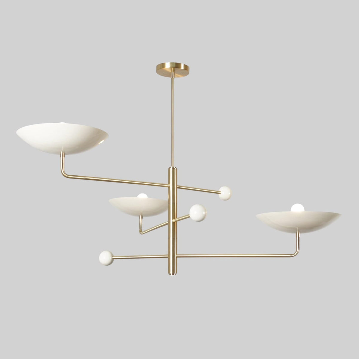 Handmade Brass Chandelier with White Bowl Shades | Mid-Century Modern Lighting Design