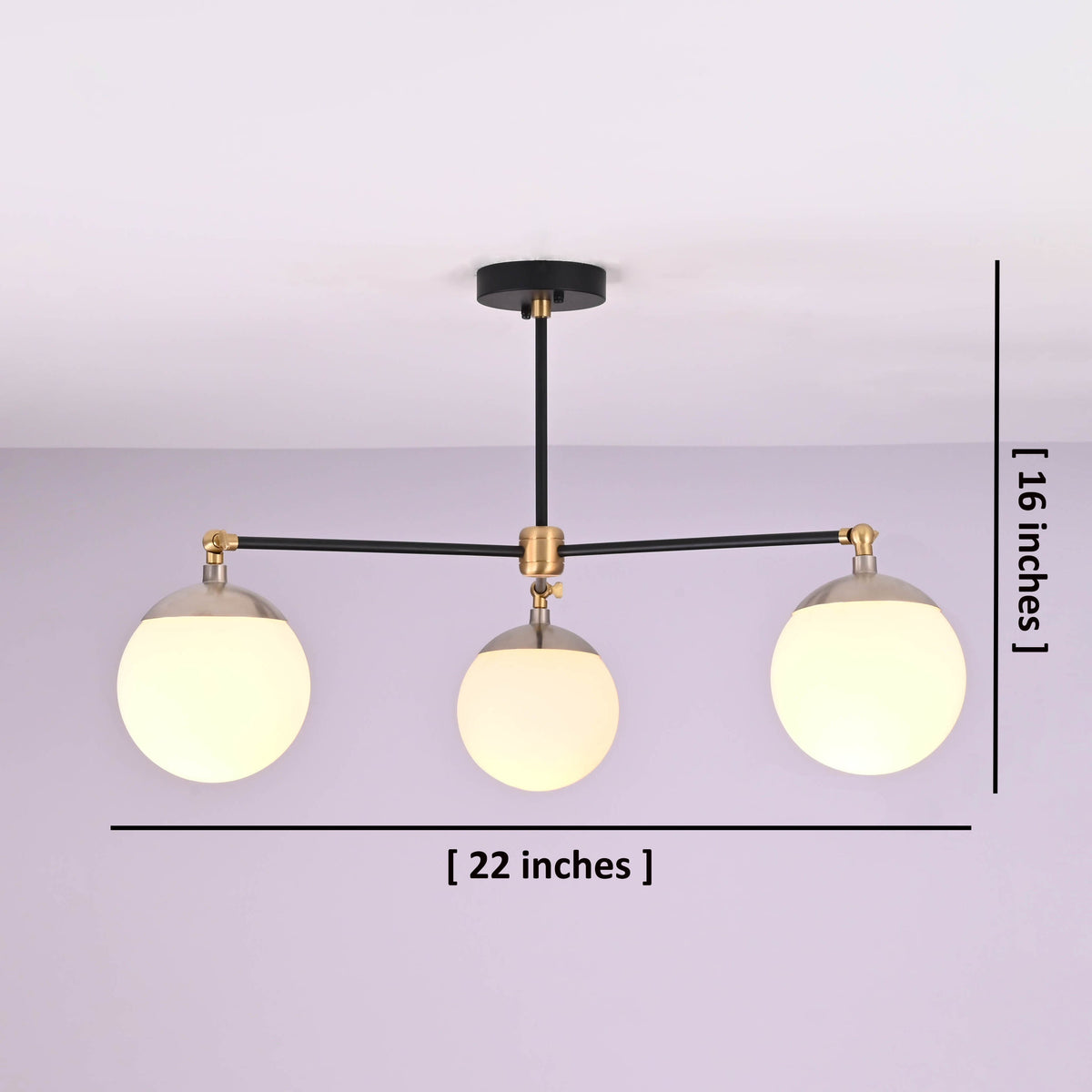 3 light opal glass globe brass chandelier showing dimensions of 22 inches wide and 16 inches high.