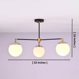 3 light opal glass globe brass chandelier showing dimensions of 22 inches wide and 16 inches high.