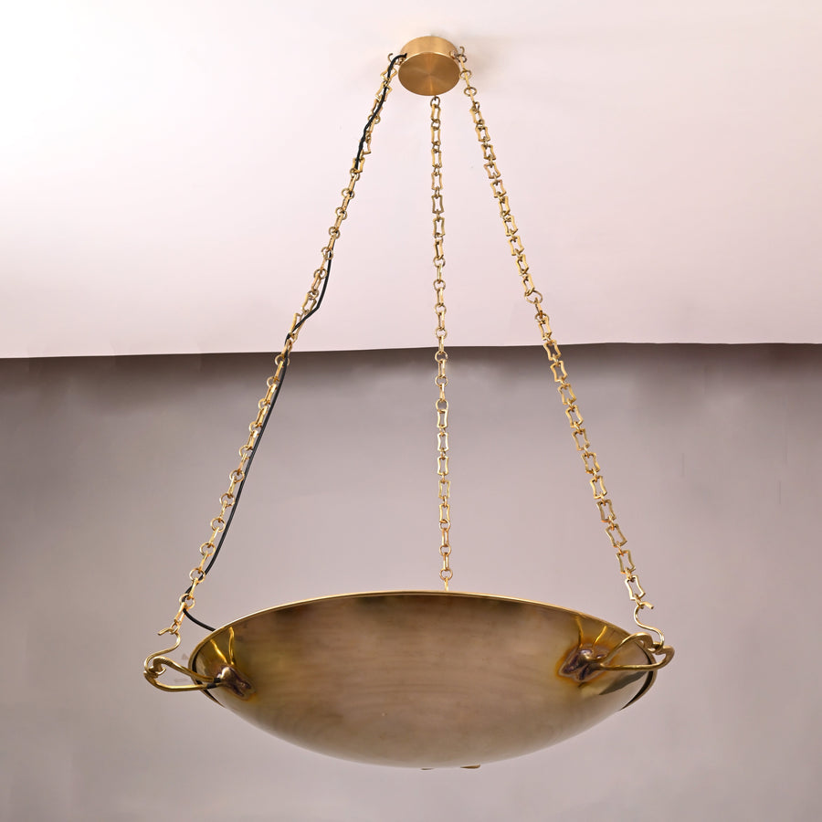30-inch solid brass bowl chandelier with chain suspension, handcrafted by Brass Leaf Studio
