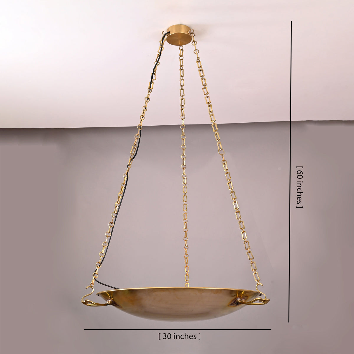Brass bowl chandelier showing 30-inch width and 60-inch drop with detailed chain suspension