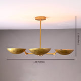 30-inch brass bowl chandelier with 18-inch height measurement displayed, showcasing hammered brass shades and adjustable frame design.