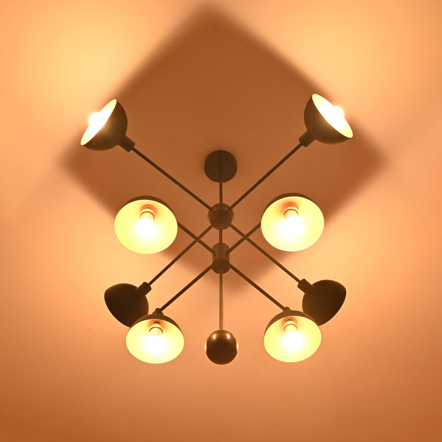 Modern 8-Light Brass Chandelier – Black and Gold Geometric Pendant with Warm Lighting