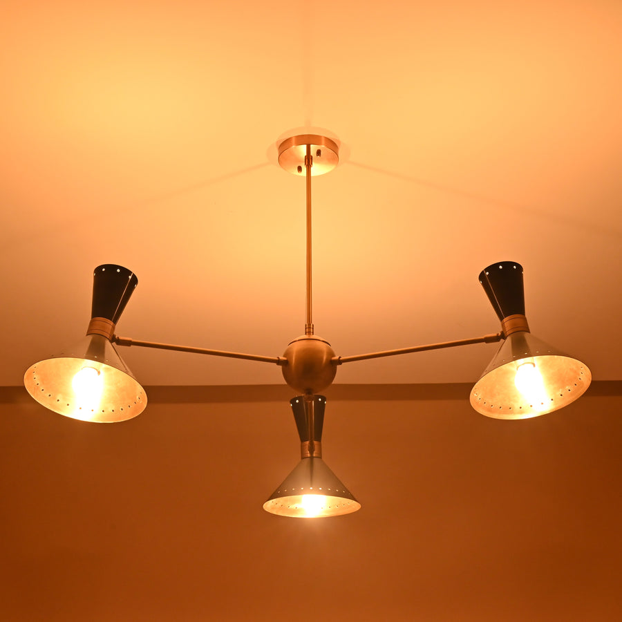 6-Light Black and Brass Cone Pendant – Mid-Century Modern Chandelier by Brass Leaf Studio