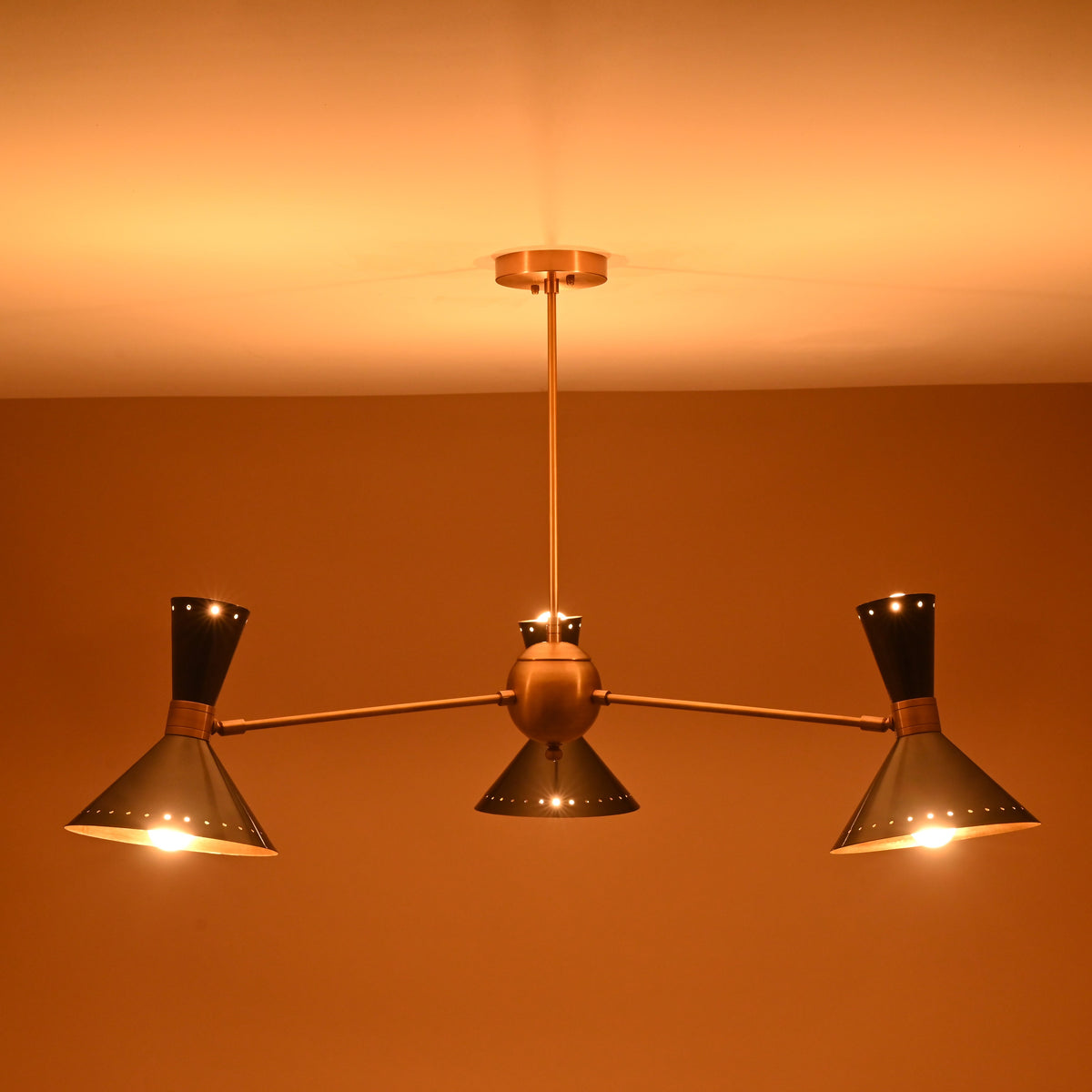 Mid-Century 6-Light Brass Pendant with Black Cone Shades – Warm Ambient Ceiling Light