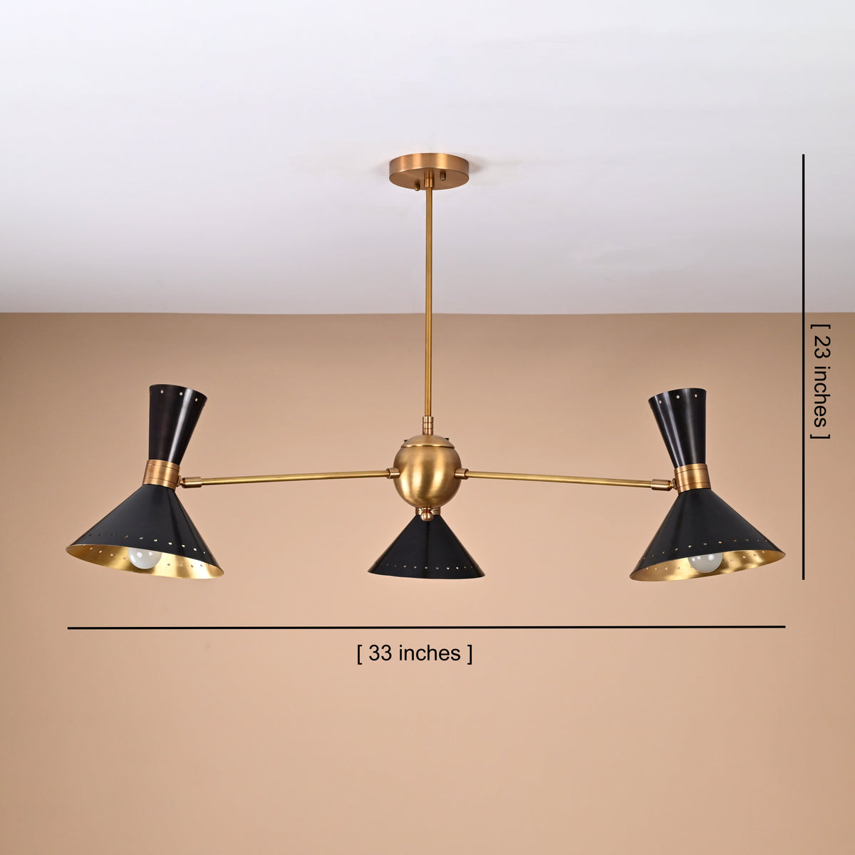 6-Light Brass Cone Shade Chandelier – Dimension View 33 x 23 Inches