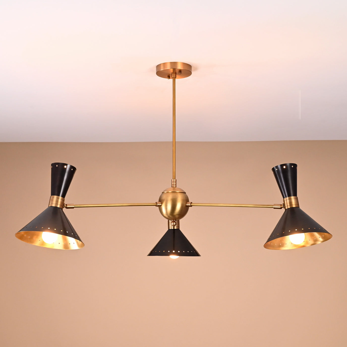 6-Light Black and Brass Cone Pendant – Mid-Century Modern Chandelier by Brass Leaf Studio