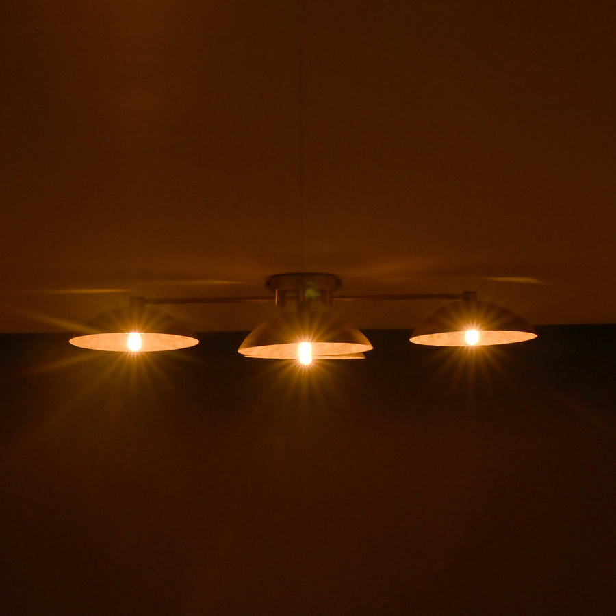 Front view of 4 disc bowl brass flush mount ceiling light with brushed brass finish by Brass Leaf Studio