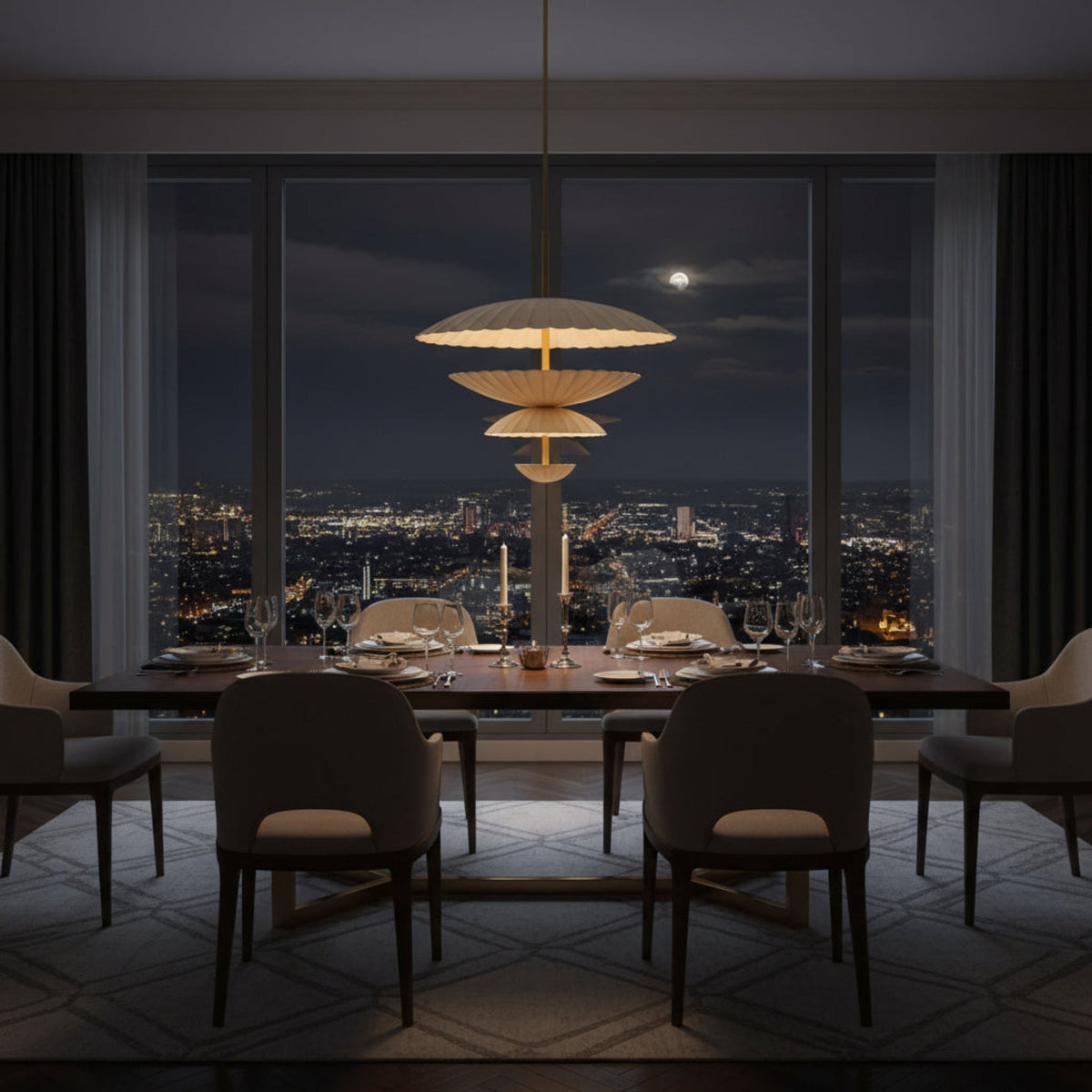 A modern multi-tier pendant light fixture with fluted, scalloped shades in warm cream and beige tones, accented by gold-toned metal rods and inner linings, shown against a solid white background.