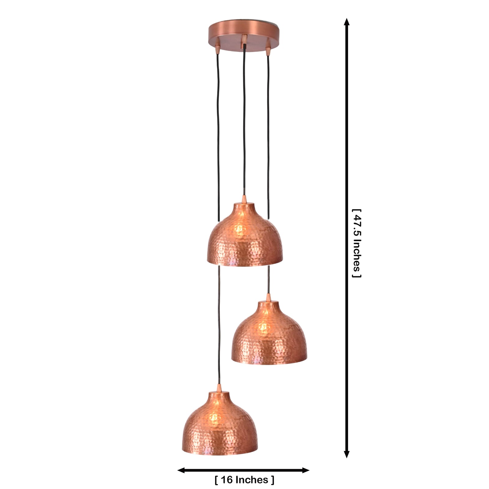 Size guide for Siena Cascade – Hammered Copper Pendant Chandelier – 3-Light – 16